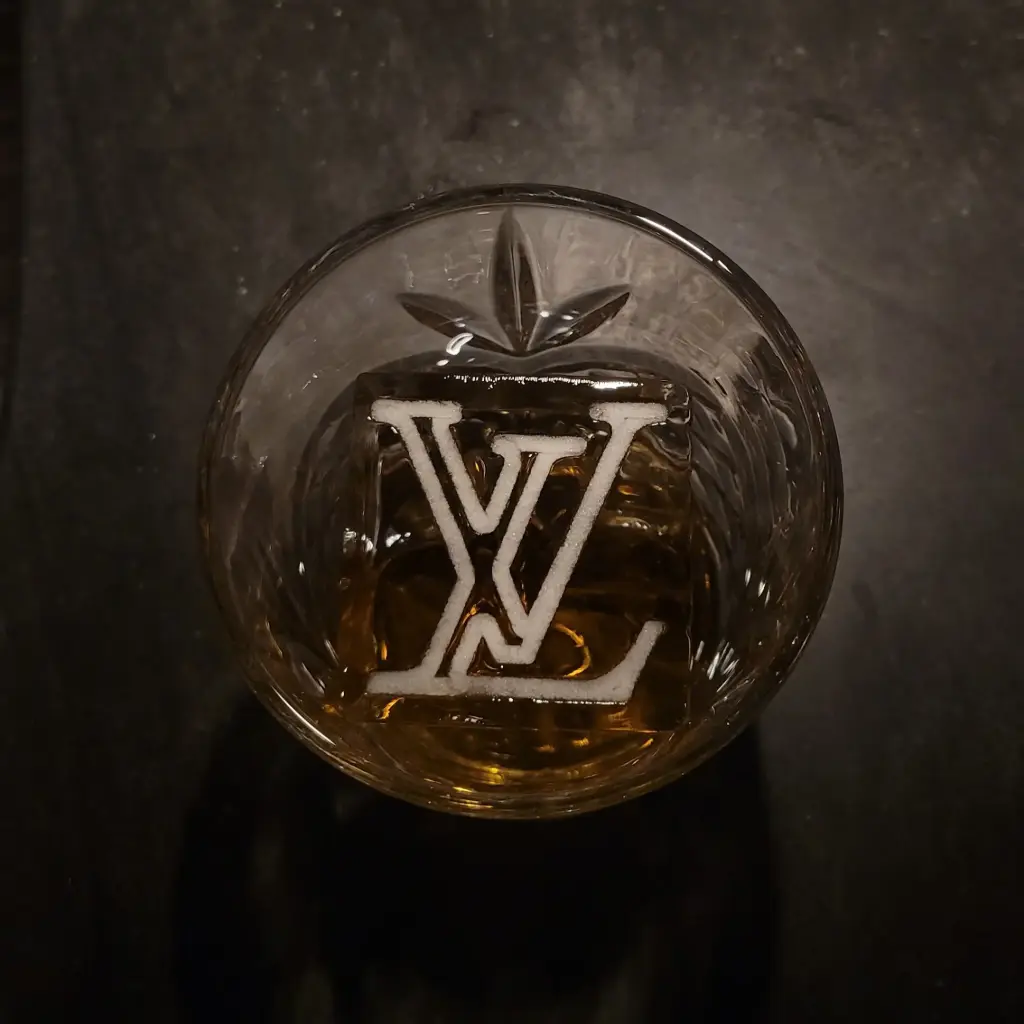 Interlocking logo engraving sample on clear ice in a cut-glass tumbler